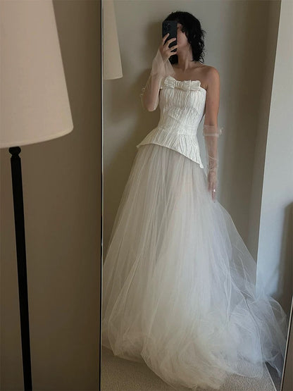 Dreamy Wedding Dress Ball Gown Strapless White Tulle Summer Long Wedding Dresses Bridal Gowns W0741