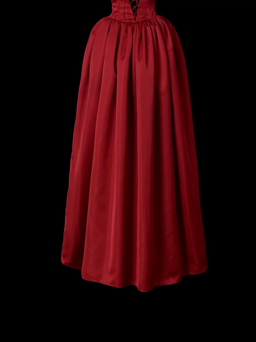 Edles Ballkleid Trägerlos Burgund Satin Ärmellos Lange Ballkleider Partykleid Geburtstags-Outfits Abschlusskleider W0743