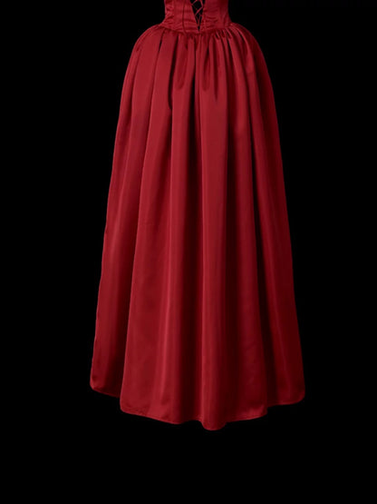 Edles Ballkleid Trägerlos Burgund Satin Ärmellos Lange Ballkleider Partykleid Geburtstags-Outfits Abschlusskleider W0743
