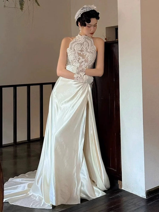 Vintage Wedding Dress A line High Neck White Satin Summer Long Wedding Dresses Bridal Gowns W0746