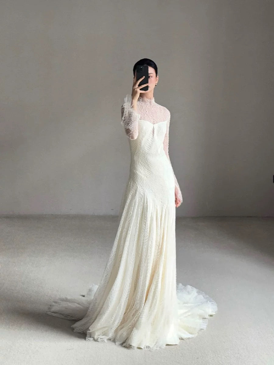 Robe de mariée vintage sirène col haut manches longues dentelle blanche robes de mariée longues d'été robes de mariée W0748