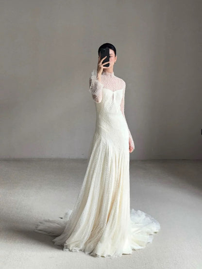 Robe de mariée vintage sirène col haut manches longues dentelle blanche robes de mariée longues d'été robes de mariée W0748