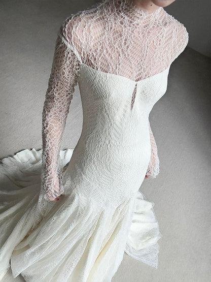 Robe de mariée vintage sirène col haut manches longues dentelle blanche robes de mariée longues d'été robes de mariée W0748