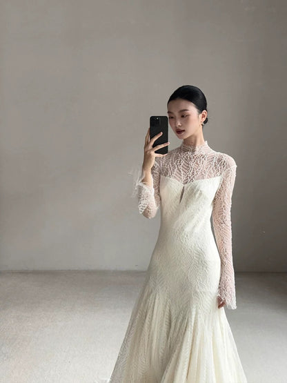 Robe de mariée vintage sirène col haut manches longues dentelle blanche robes de mariée longues d'été robes de mariée W0748