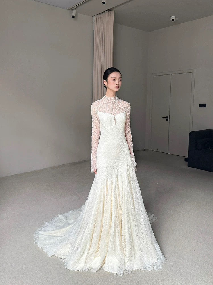 Robe de mariée vintage sirène col haut manches longues dentelle blanche robes de mariée longues d'été robes de mariée W0748