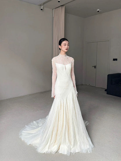 Robe de mariée vintage sirène col haut manches longues dentelle blanche robes de mariée longues d'été robes de mariée W0748