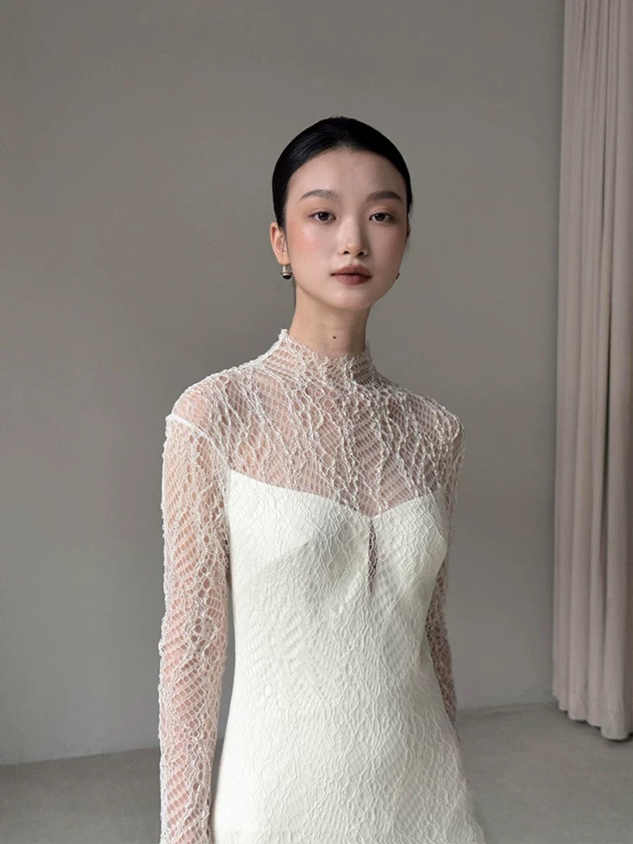 Robe de mariée vintage sirène col haut manches longues dentelle blanche robes de mariée longues d'été robes de mariée W0748