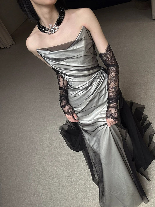 Vintage Wedding Dress Mermaid Strapless Black Summer Long Wedding Dresses Bridal Gowns W0750