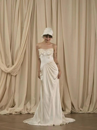 Vintage Wedding Dress Mermaid Strapless White Summer Long Wedding Dresses Bridal Gowns W0751