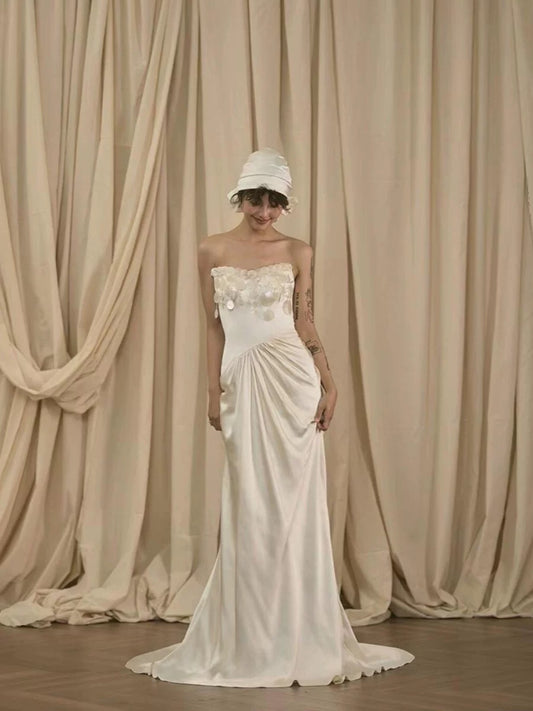 Vintage Wedding Dress Mermaid Strapless White Summer Long Wedding Dresses Bridal Gowns W0751