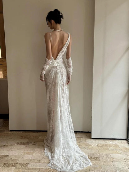 Vintage Wedding Dress Mermaid Irregular Neck White Lace Summer Long Wedding Dresses Bridal Gowns W0752