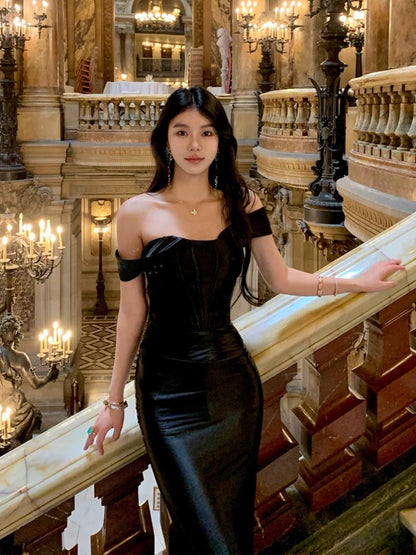 Edle Meerjungfrau aus der Schulter schwarz Satin lange Ballkleider Partykleid Geburtstag Outfits Abschlusskleider W0757