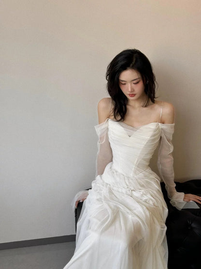 Vintage Wedding Dress Sheath Tulle White Summer Beach Long Sleeves Wedding Dresses Bridal Gowns W0762