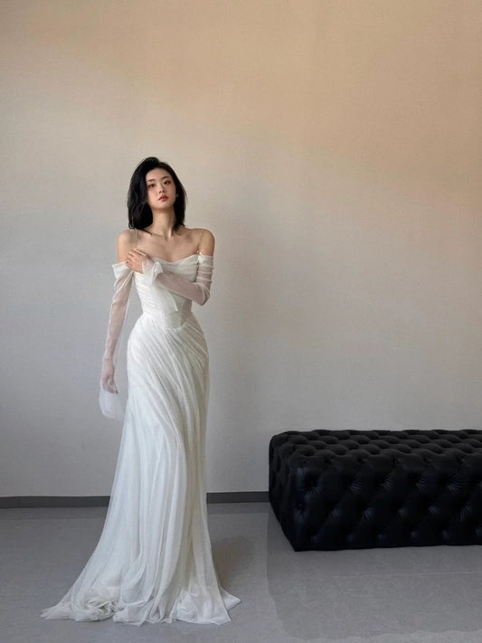 Vintage Wedding Dress Sheath Tulle White Summer Beach Long Sleeves Wedding Dresses Bridal Gowns W0762