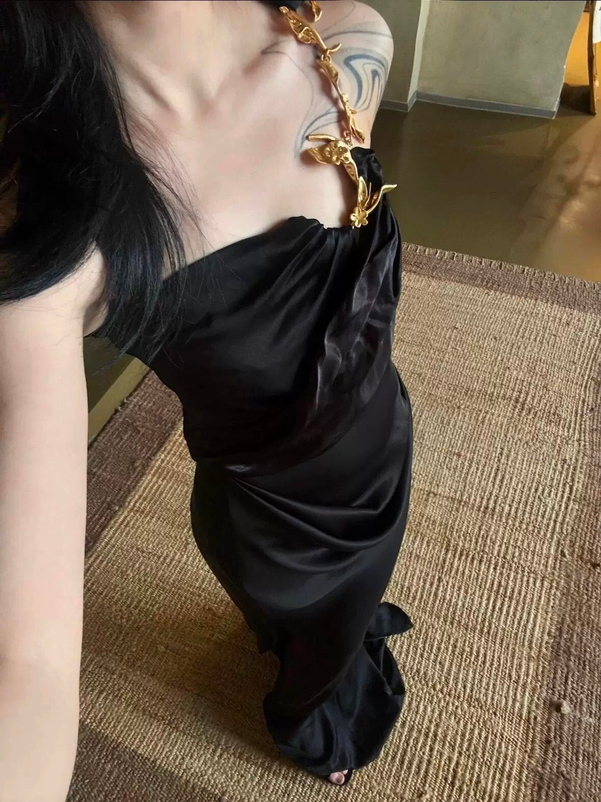 Classy Mermaid One Shoulder Schwarz Satin Lange Ballkleider Partykleid Geburtstags-Outfits Abschlusskleider W0763