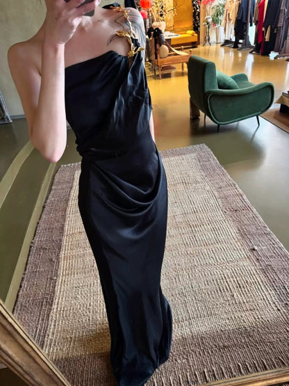 Classy Mermaid One Shoulder Schwarz Satin Lange Ballkleider Partykleid Geburtstags-Outfits Abschlusskleider W0763