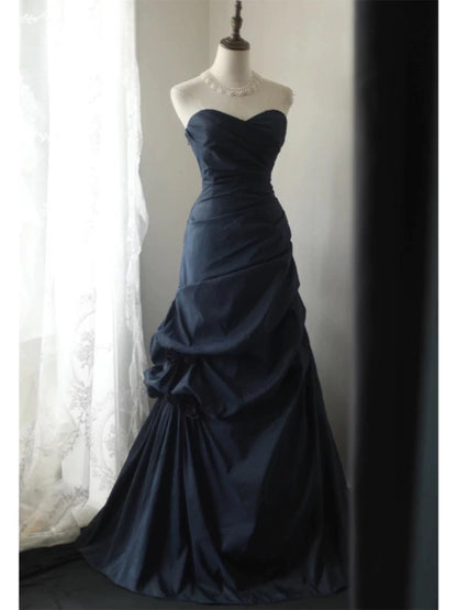 Classy Mermaid Sweetheart Navy Blue Satin Lange Ballkleider Partykleid Geburtstag Outfits Abschlusskleider W0766
