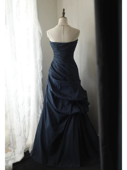 Classy Mermaid Sweetheart Navy Blue Satin Lange Ballkleider Partykleid Geburtstag Outfits Abschlusskleider W0766