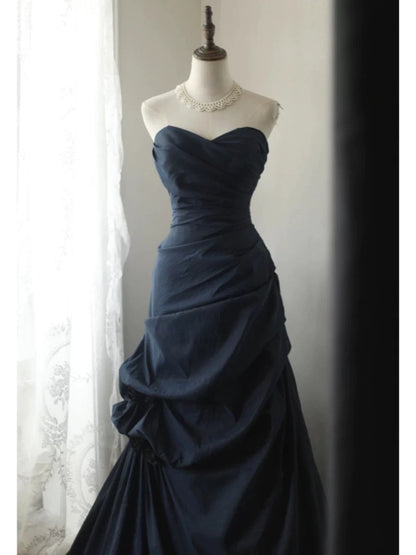 Classy Mermaid Sweetheart Navy Blue Satin Lange Ballkleider Partykleid Geburtstag Outfits Abschlusskleider W0766