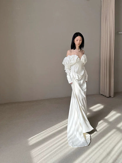 Vintage Wedding Dress Sheath Off The Shoulder Long Sleeves White Summer Beach Long Sleeves Wedding Dresses Bridal Gowns W0769