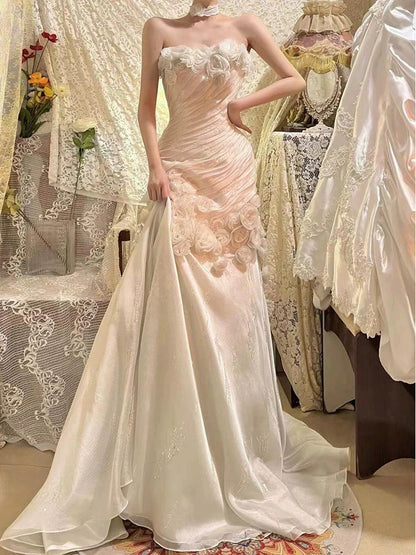 Retro Brautkleid Meerjungfrau Trägerlosen Chiffon Weißen Blumen Lange Brautkleider Sommer Bräute Kleid Brautkleider W0770
