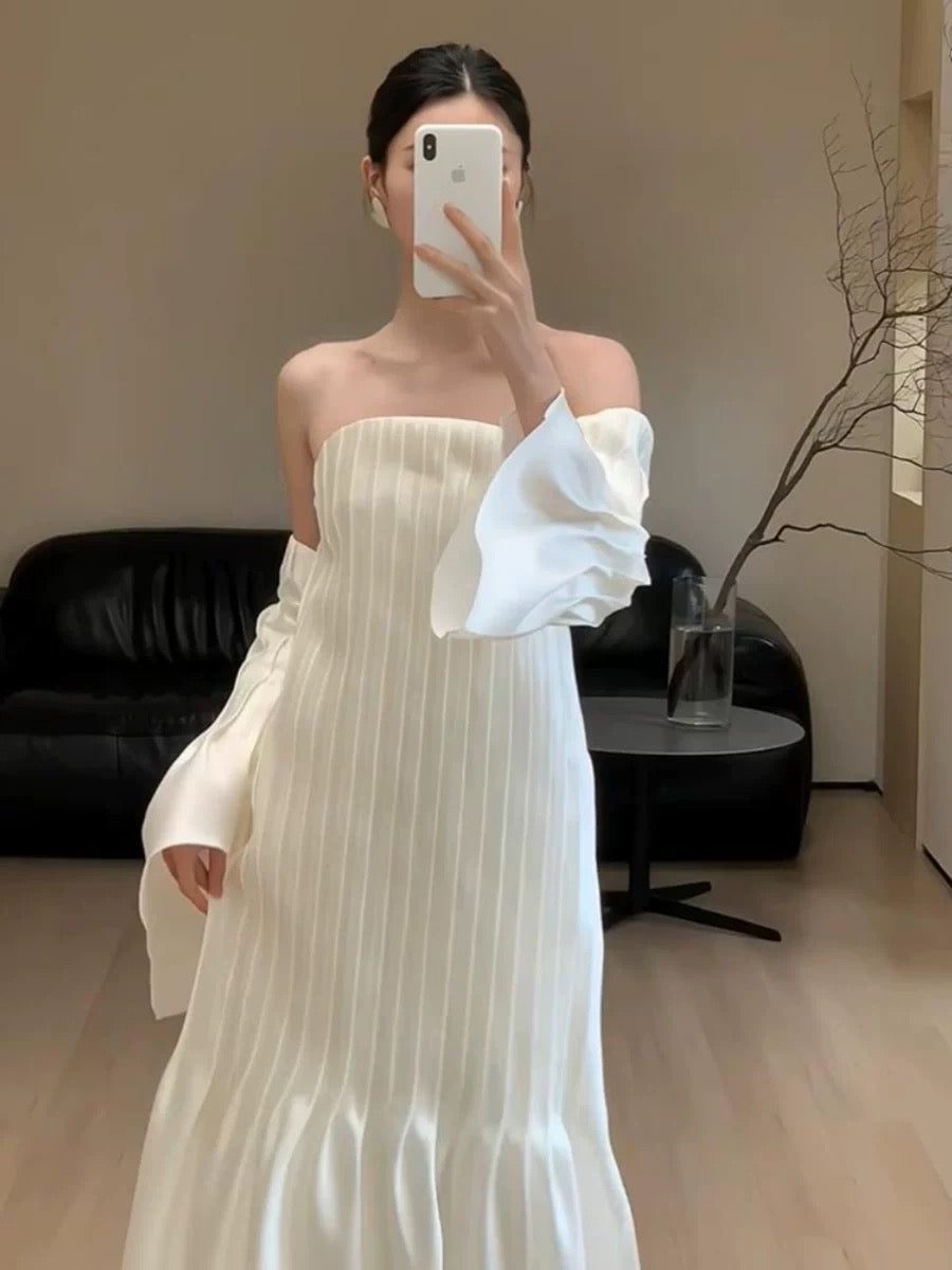 Robe de mariée vintage trapèze sans bretelles, blanche, longue, pour l'été et la plage, W0773