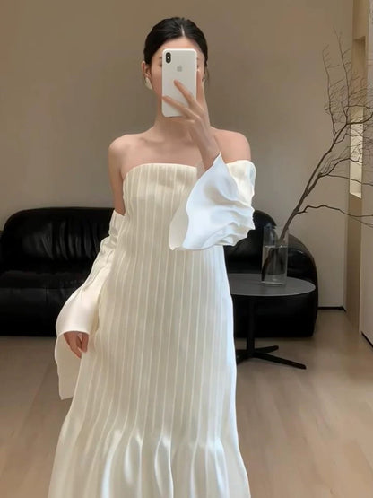 Robe de mariée vintage trapèze sans bretelles, blanche, longue, pour l'été et la plage, W0773