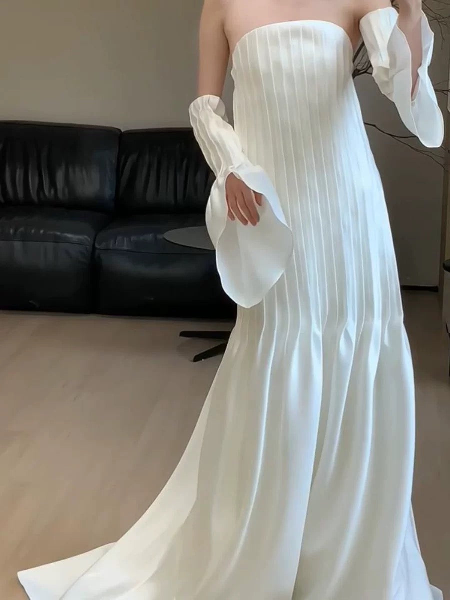 Robe de mariée vintage trapèze sans bretelles, blanche, longue, pour l'été et la plage, W0773