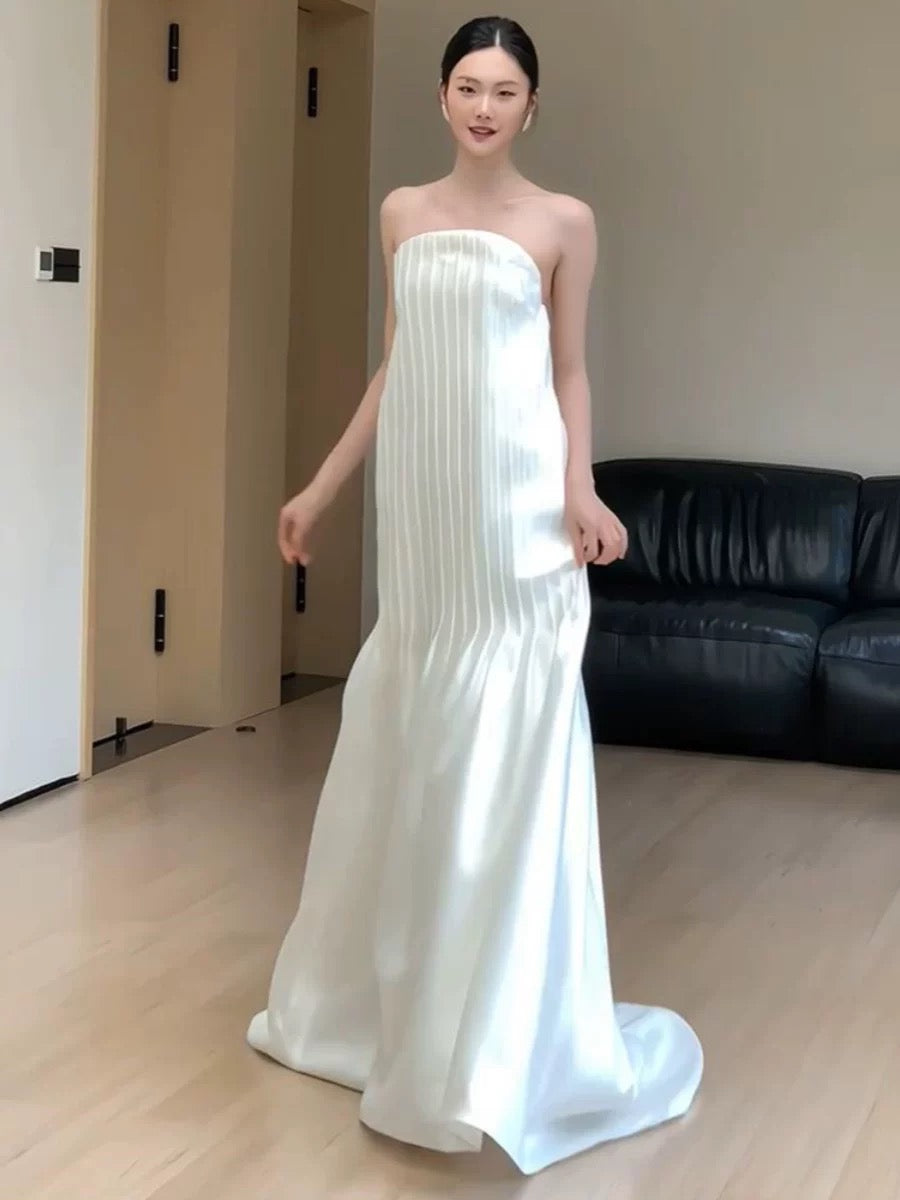 Robe de mariée vintage trapèze sans bretelles, blanche, longue, pour l'été et la plage, W0773