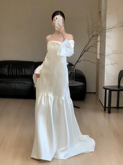 Robe de mariée vintage trapèze sans bretelles, blanche, longue, pour l'été et la plage, W0773