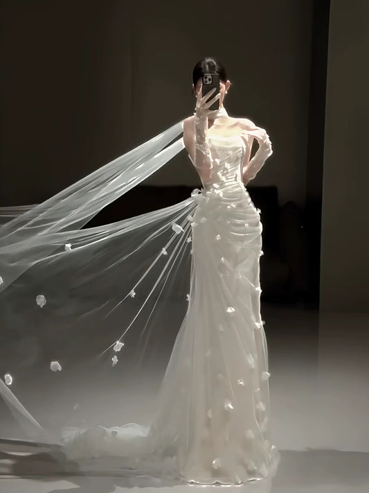 Simple Wedding Dress Mermaid Strapless White Tulle Floral Summer Beach Long Wedding Dresses Bridal Gowns W0778