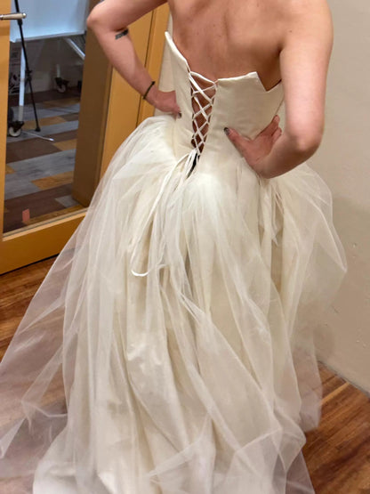 Robe de mariée vintage trapèze sans bretelles, ivoire, longue, pour la plage, pour l'été, W0787