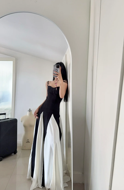 Elegante A-Linie Spaghettiträger Schwarz Chiffon Ärmellos Lange Abendkleider Partykleider Abendkleider Ballkleid W1003