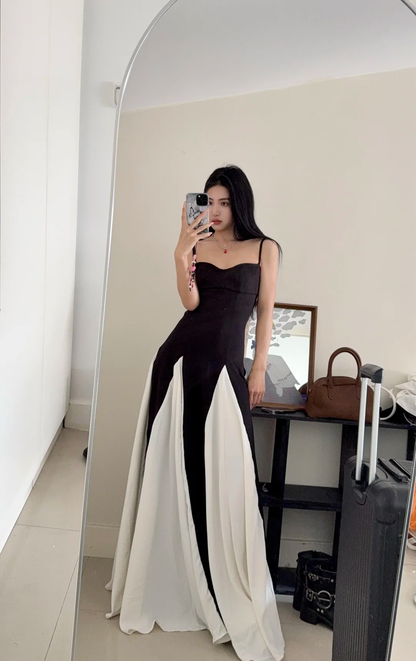 Elegante A-Linie Spaghettiträger Schwarz Chiffon Ärmellos Lange Abendkleider Partykleider Abendkleider Ballkleid W1003