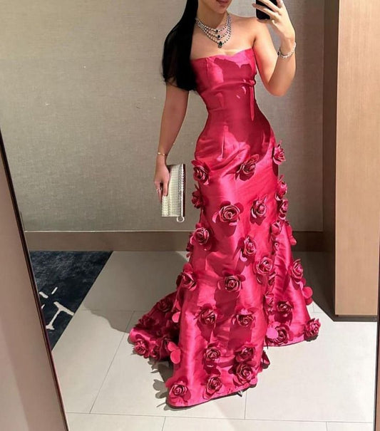 Edle Meerjungfrau trägerloses rosa Blumen Satin formelles langes Abendkleid Sommer Hochzeitsgastkleid Brautgastkleider Hochzeits-Outfits für Gäste W1097