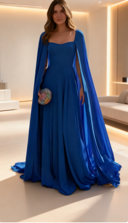 Edle A-Linie Herzausschnitt Königsblau Lange Ärmel Chiffon Formales Langes Ballkleid Sommerkleid für Hochzeitsgäste Kleider für Brautgäste Hochzeits-Outfits für Gäste W1098