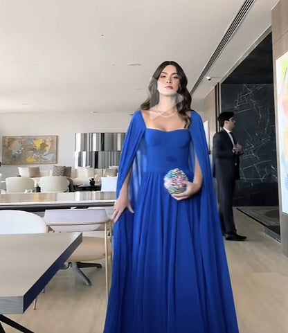Edle A-Linie Herzausschnitt Königsblau Lange Ärmel Chiffon Formales Langes Ballkleid Sommerkleid für Hochzeitsgäste Kleider für Brautgäste Hochzeits-Outfits für Gäste W1098