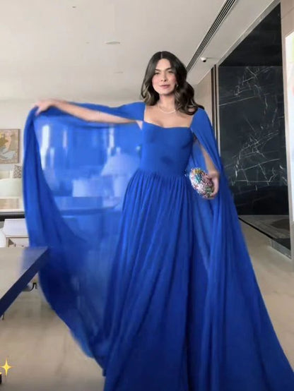 Edle A-Linie Herzausschnitt Königsblau Lange Ärmel Chiffon Formales Langes Ballkleid Sommerkleid für Hochzeitsgäste Kleider für Brautgäste Hochzeits-Outfits für Gäste W1098
