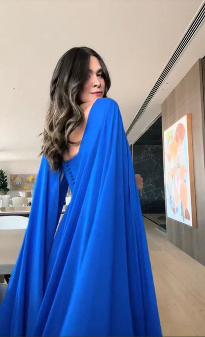 Edle A-Linie Herzausschnitt Königsblau Lange Ärmel Chiffon Formales Langes Ballkleid Sommerkleid für Hochzeitsgäste Kleider für Brautgäste Hochzeits-Outfits für Gäste W1098