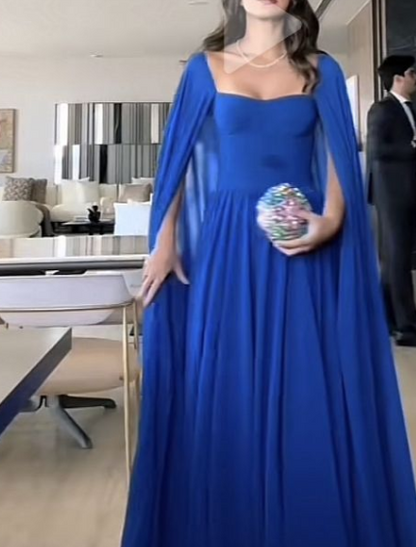 Edle A-Linie Herzausschnitt Königsblau Lange Ärmel Chiffon Formales Langes Ballkleid Sommerkleid für Hochzeitsgäste Kleider für Brautgäste Hochzeits-Outfits für Gäste W1098