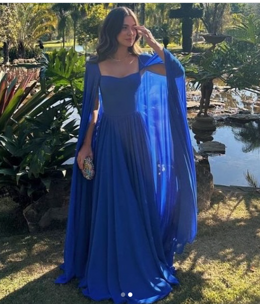 Edle A-Linie Herzausschnitt Königsblau Lange Ärmel Chiffon Formales Langes Ballkleid Sommerkleid für Hochzeitsgäste Kleider für Brautgäste Hochzeits-Outfits für Gäste W1098