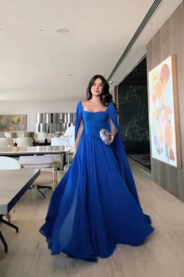 Edle A-Linie Herzausschnitt Königsblau Lange Ärmel Chiffon Formales Langes Ballkleid Sommerkleid für Hochzeitsgäste Kleider für Brautgäste Hochzeits-Outfits für Gäste W1098