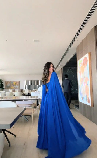 Edle A-Linie Herzausschnitt Königsblau Lange Ärmel Chiffon Formales Langes Ballkleid Sommerkleid für Hochzeitsgäste Kleider für Brautgäste Hochzeits-Outfits für Gäste W1098
