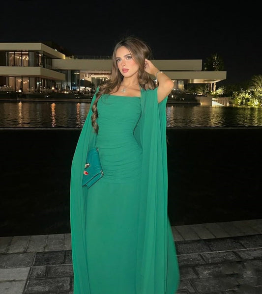 Elegantes A-Linien-Kleid, trägerlos, grün, mit langen Ärmeln, Chiffon, formelles langes Ballkleid, Sommerkleid für Hochzeitsgäste, Kleider für Brautgäste, Hochzeits-Outfits für Gäste W1100
