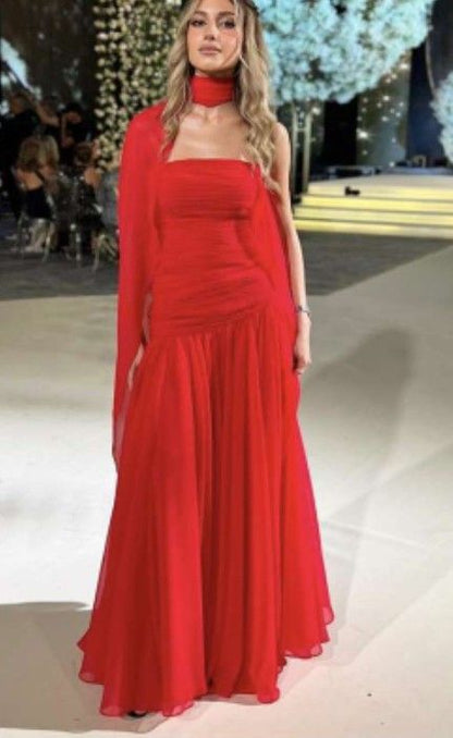 Edle Meerjungfrau trägerloses rotes langes Chiffon-Abschlussballkleid Sommerkleid für Hochzeitsgäste Kleider für Brautgäste Hochzeits-Outfits für Gäste W1101