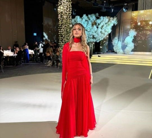 Edle Meerjungfrau trägerloses rotes langes Chiffon-Abschlussballkleid Sommerkleid für Hochzeitsgäste Kleider für Brautgäste Hochzeits-Outfits für Gäste W1101