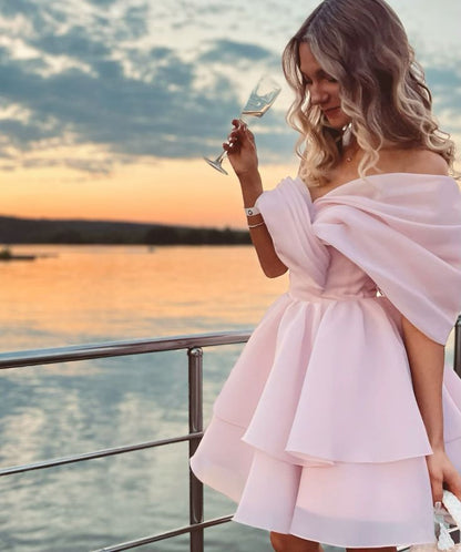 Pretty A line Off The Shoulder Short Pink Formal 8th Grade Homecoming Dress Summer Middle School Hoco Dresses Birthday Outfits W1112