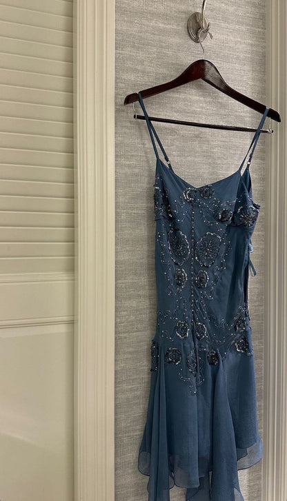Vintage A line Spaghetti Straps Navy Blue Chiffon Formal 8th Grade Homecoming Dress Summer Middle School Hoco Dresses Birthday Outfits W1151