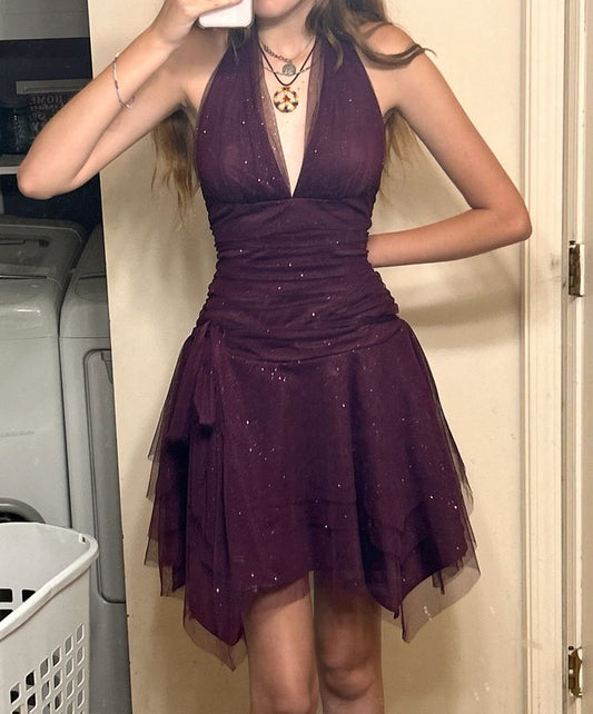 Cute A line V Neck Tulle Short Grape Formal 8th Grade Homecoming Dress Summer Middle School Hoco Dresses Birthday Outfits W1152