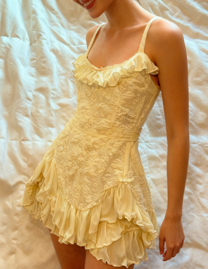 Vintage A line Spaghetti Straps Yellow Lace Short Mini Formal 8th Grade Homecoming Dress Summer Middle School Hoco Dresses Birthday Outfits W1164